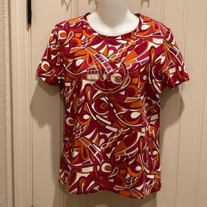 Michael Kors Top Size L Floral Paisley Gold Stud Accent Stretch Short Sleeves